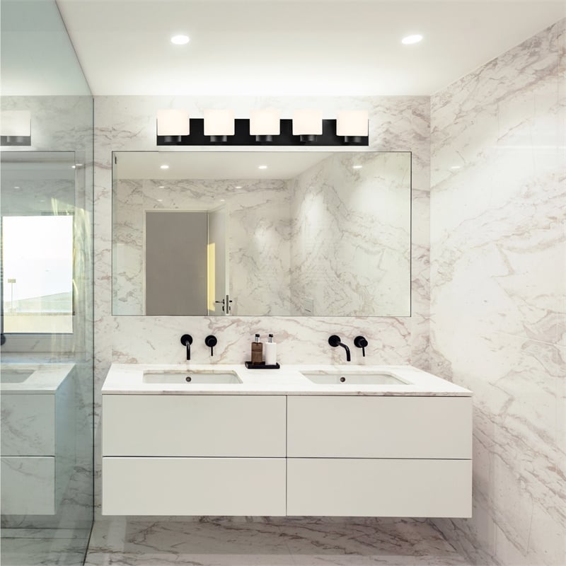 Pemberly Row Matte Black 5 Light Vanity Light with Frosted Glass Shades