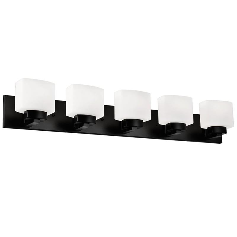 Pemberly Row Matte Black 5 Light Vanity Light with Frosted Glass Shades