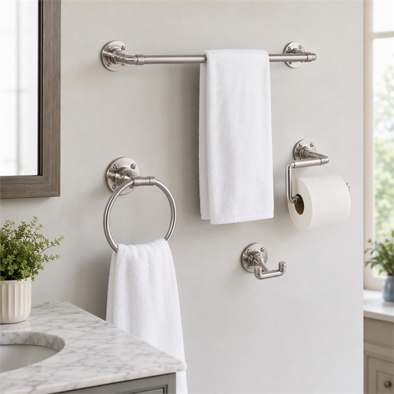 Pemberly Row 4-Piece Metal Bathroom Hardware Kit in Satin Nickel