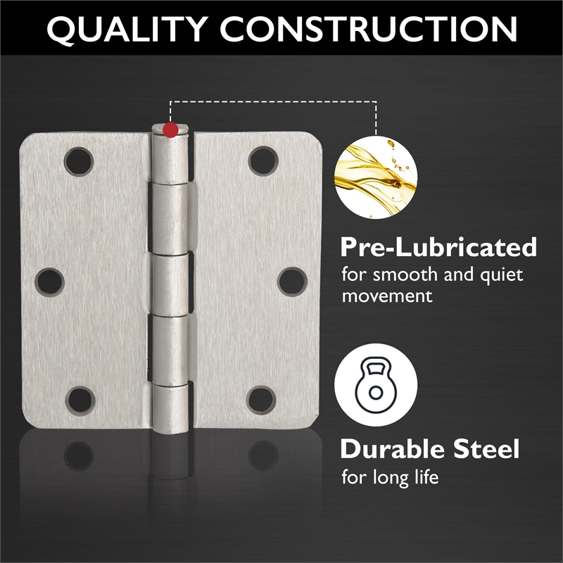 Pemberly Row Satin Nickel Steel Door Hinges 3-Pack with 1/4-Inch Radius