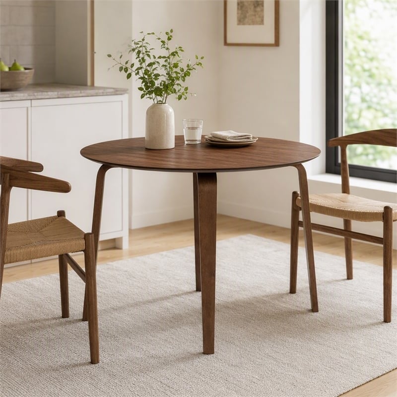 Pemberly Row Gabby Round Dining Table in Solid Rubberwood Walnut Finish