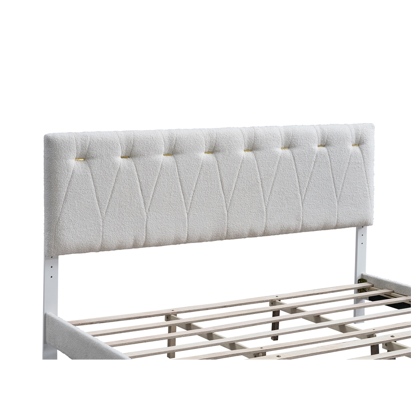 Pemberly Row Wheat Fabric Queen Bed with Tufted Gold Details