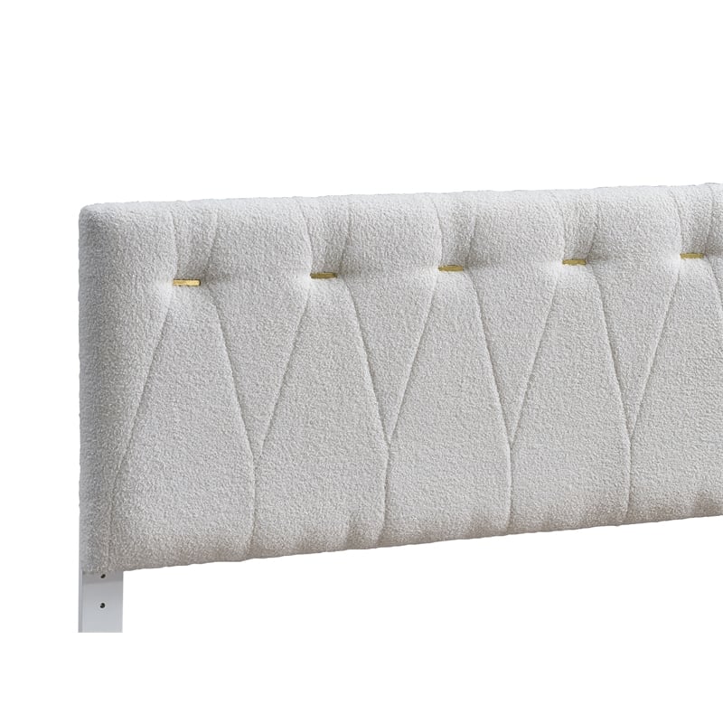 Pemberly Row Wheat Fabric Queen Bed with Tufted Gold Details