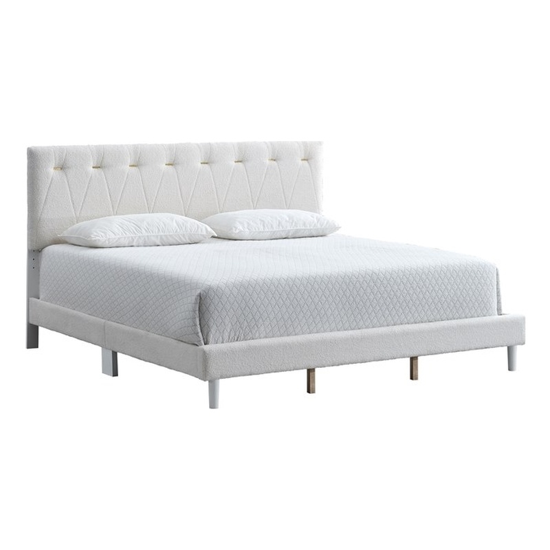 Pemberly Row Wheat Fabric Queen Bed with Tufted Gold Details