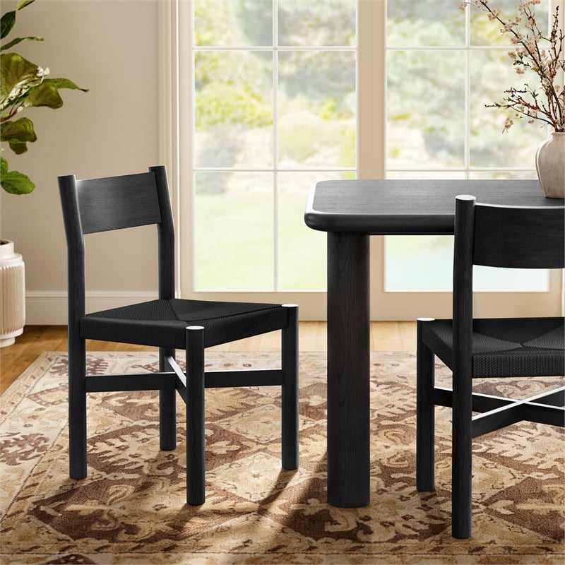 Pemberly Row Oak Dining Side Chair with Woven Seat in Black