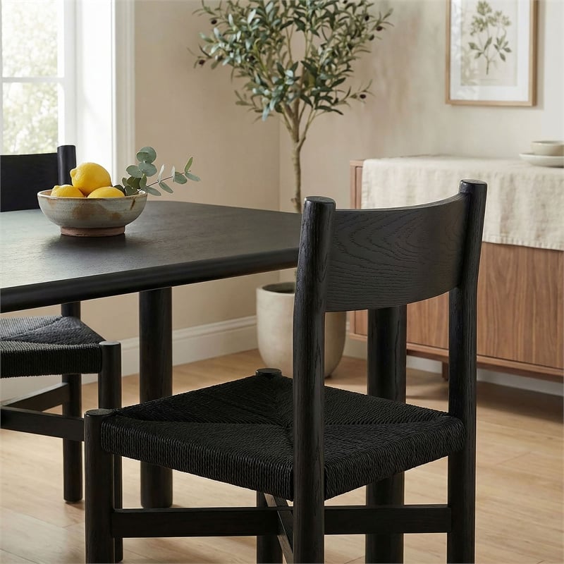 Pemberly Row Oak Dining Side Chair with Woven Seat in Black