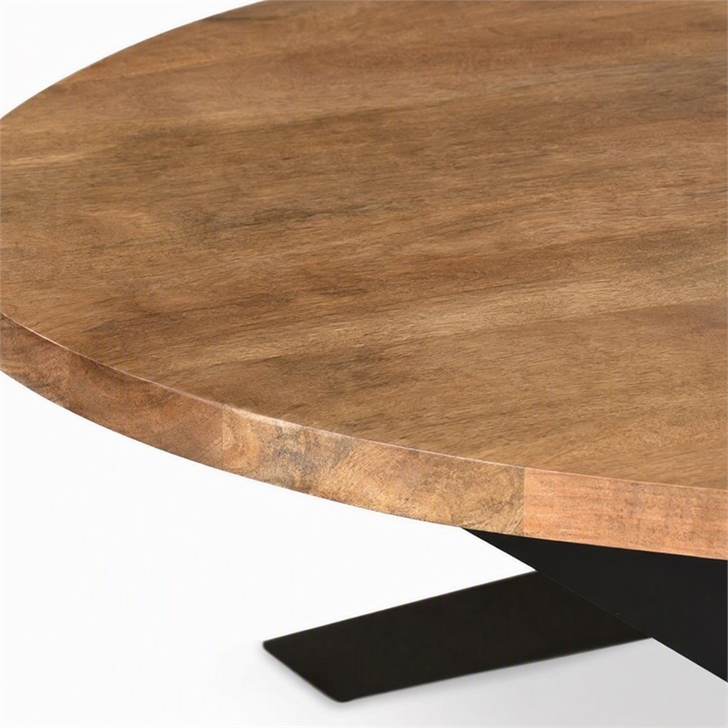 Pemberly Row Oval Dining Table Solid Mango Wood Natural Black Base 78 in
