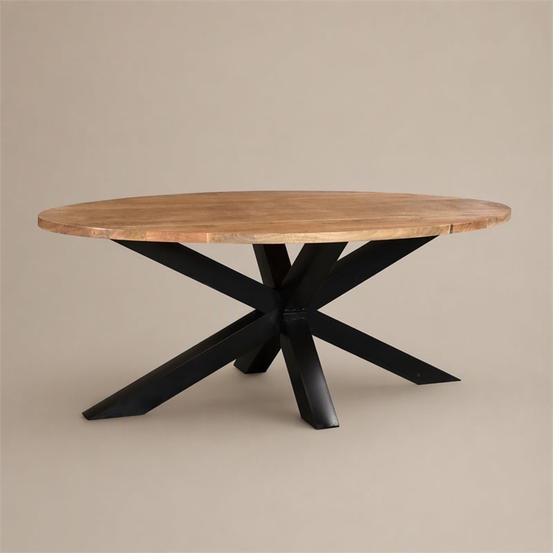 Pemberly Row Oval Dining Table Solid Mango Wood Natural Black Base 78 in