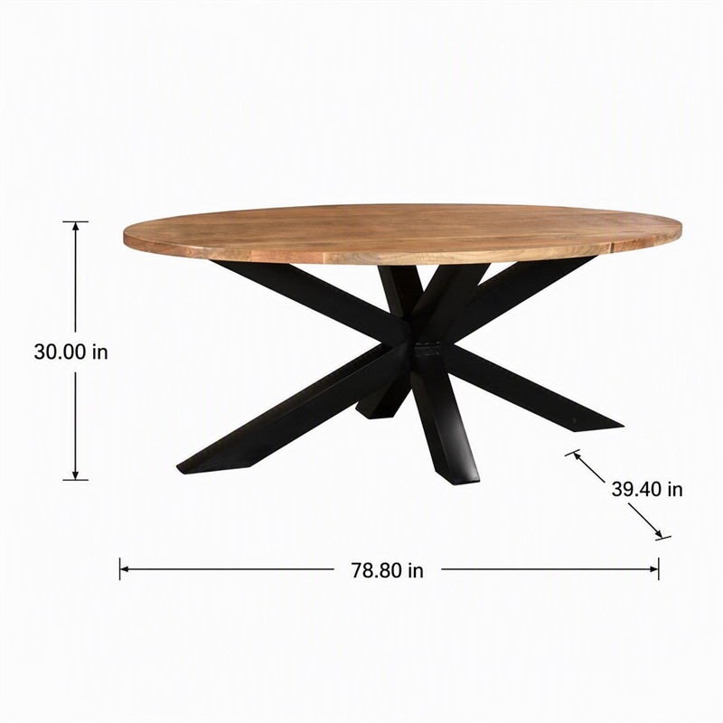 Pemberly Row Oval Dining Table Solid Mango Wood Natural Black Base 78 in
