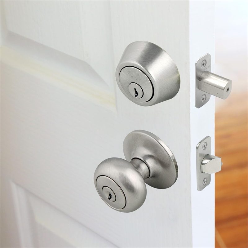 Pemberly Row Cambridge Door Knob and Deadbolt in Satin Nickel