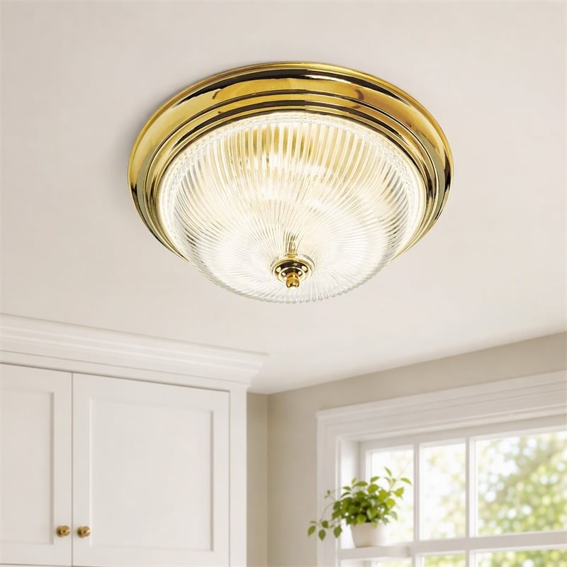 Pemberly Row Ribbed Glass Ceiling Fixture Polished Brass 3 Light Steel Base