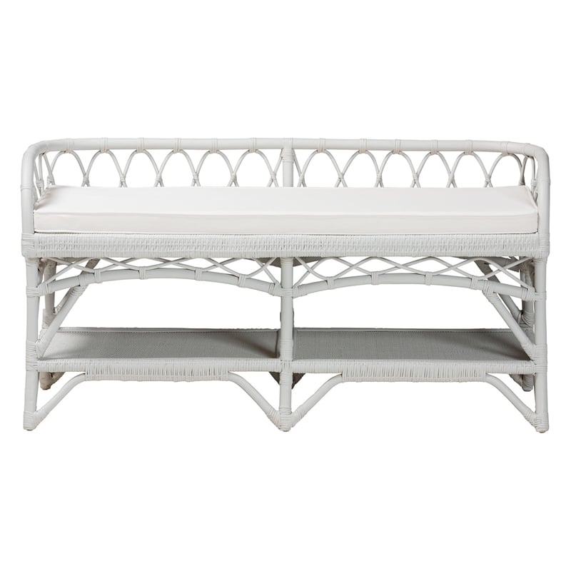 Pemberly Row Leryn Natural Rattan Bench with Shelf White