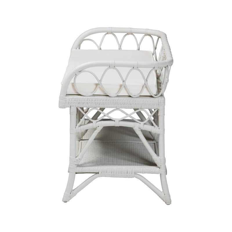 Pemberly Row Leryn Natural Rattan Bench with Shelf White
