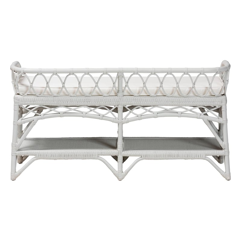 Pemberly Row Leryn Natural Rattan Bench with Shelf White