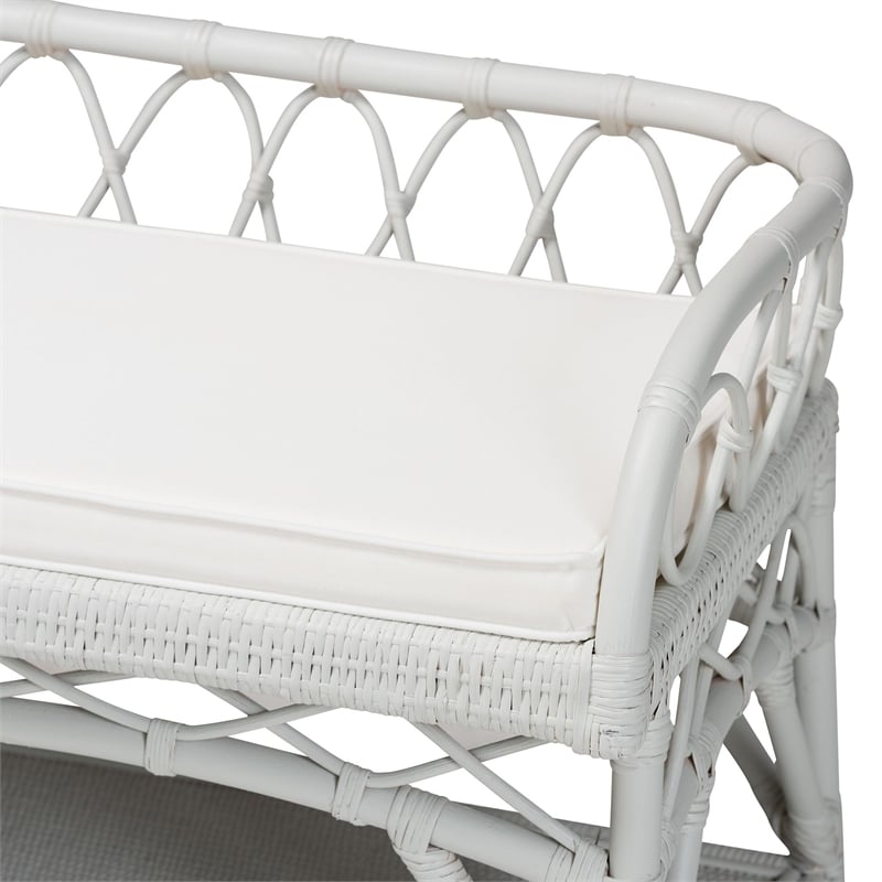 Pemberly Row Leryn Natural Rattan Bench with Shelf White