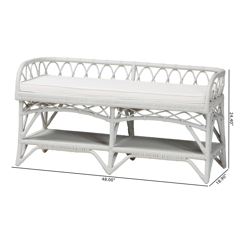 Pemberly Row Leryn Natural Rattan Bench with Shelf White