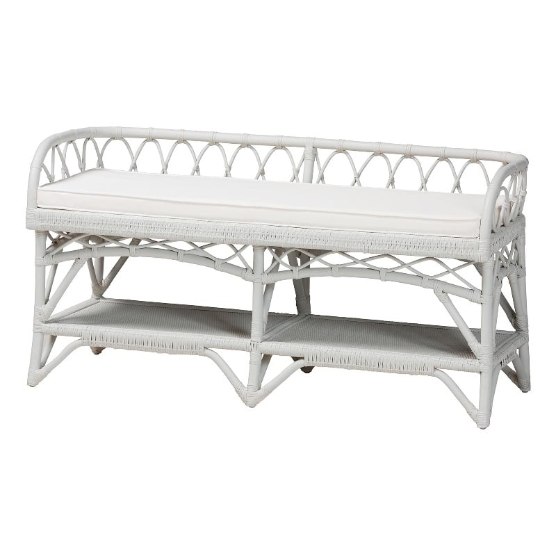 Pemberly Row Leryn Natural Rattan Bench with Shelf White