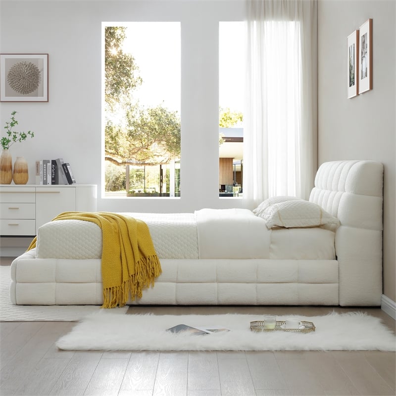 Pemberly Row Queen Upholstered Bed Frame Plush Fabric White 97.5