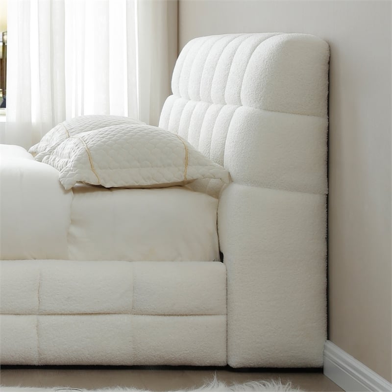 Pemberly Row Queen Upholstered Bed Frame Plush Fabric White 97.5