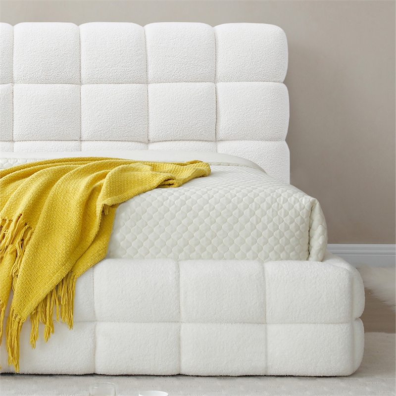Pemberly Row Queen Upholstered Bed Frame Plush Fabric White 97.5