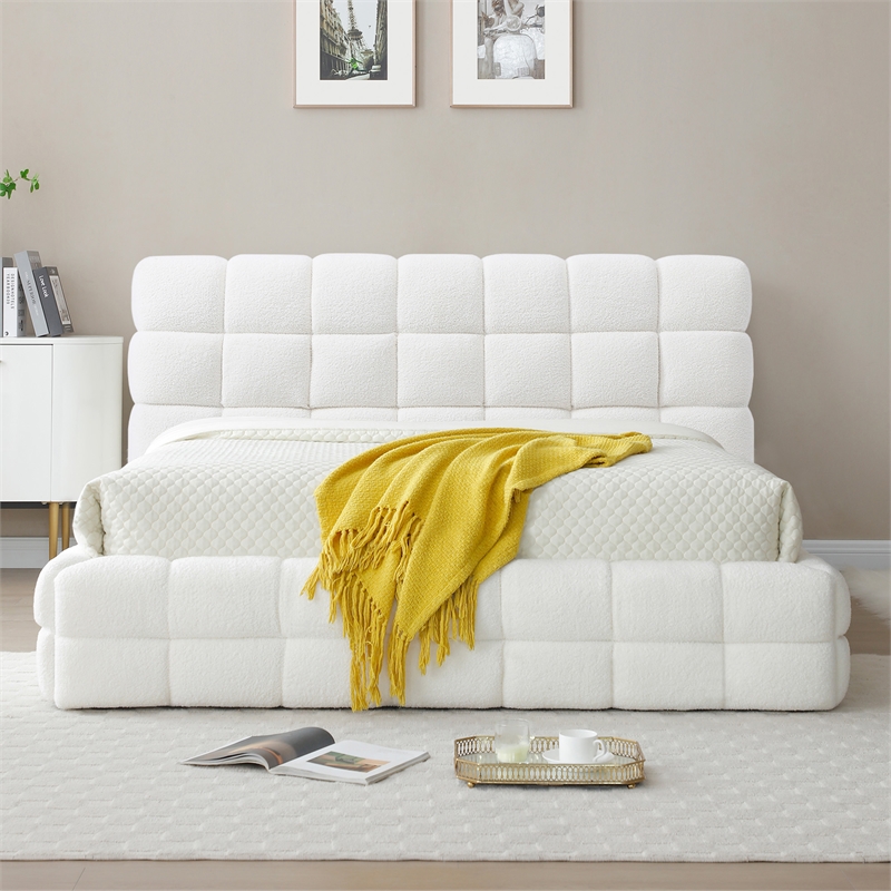 Pemberly Row Queen Upholstered Bed Frame Plush Fabric White 97.5