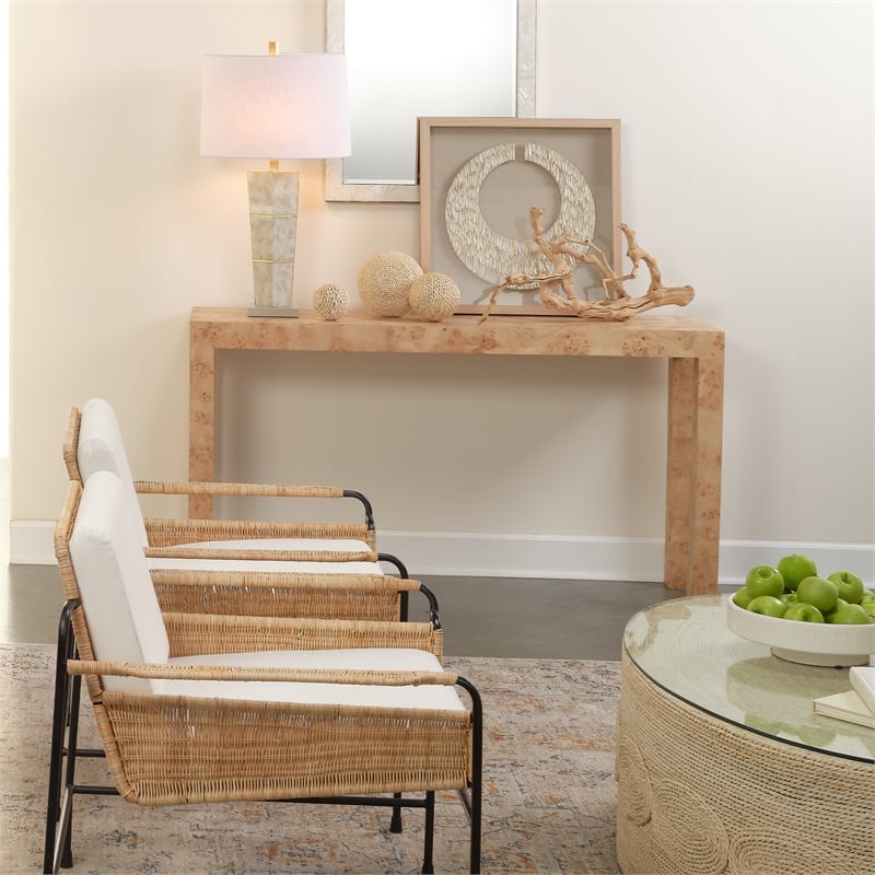 Pemberly Row Oval Coffee Table with Natural Rattan & Glass Top