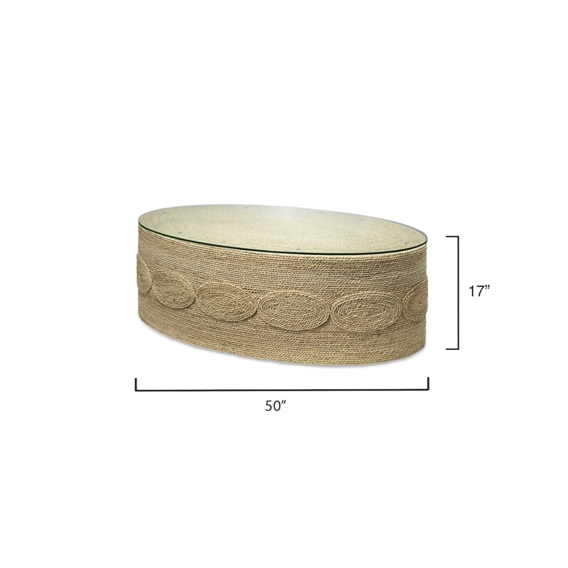 Pemberly Row Oval Coffee Table with Natural Rattan & Glass Top