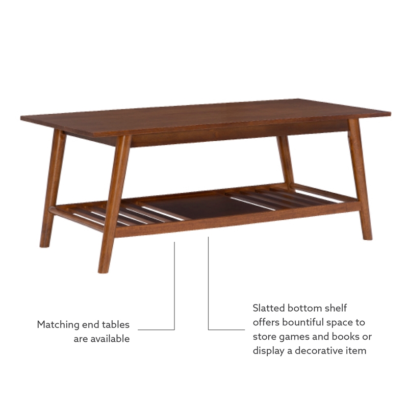 Pemberly Row Wood Coffee Table with Walnut Finish and Slatted Shelf