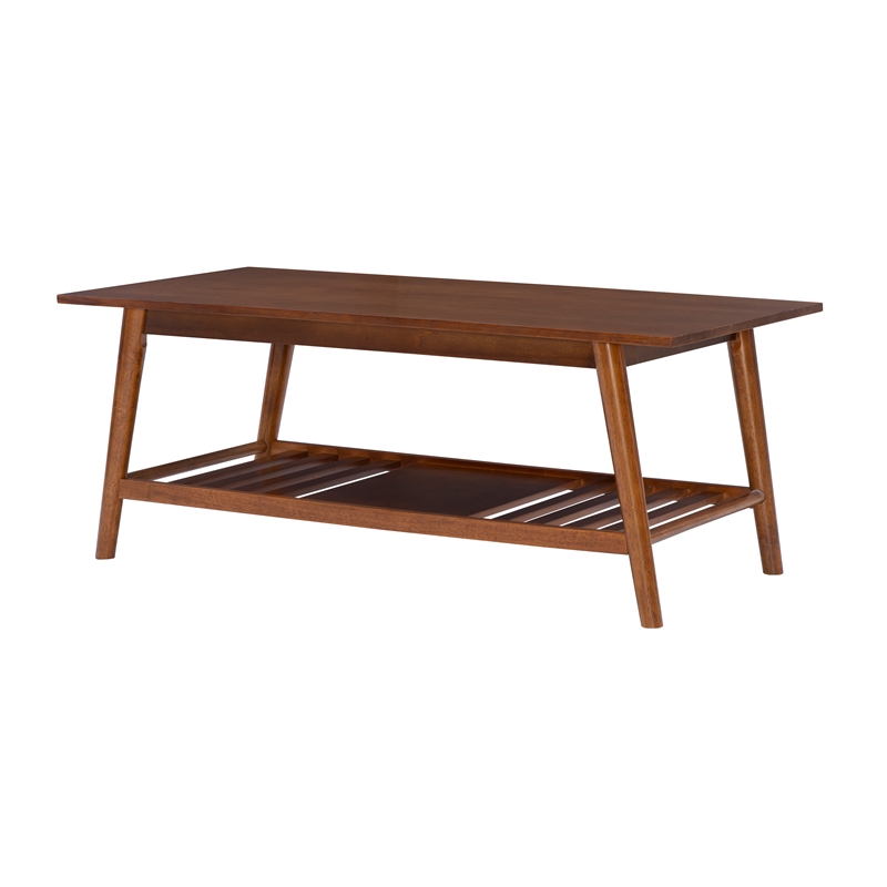 Pemberly Row Wood Coffee Table with Walnut Finish and Slatted Shelf