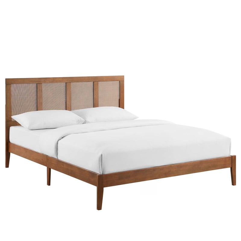 Pemberly Row King Platform Bed with Rattan Headboard in Walnut Finish