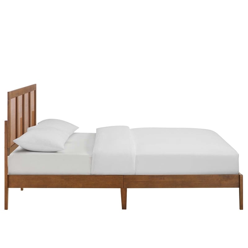 Pemberly Row King Platform Bed with Rattan Headboard in Walnut Finish