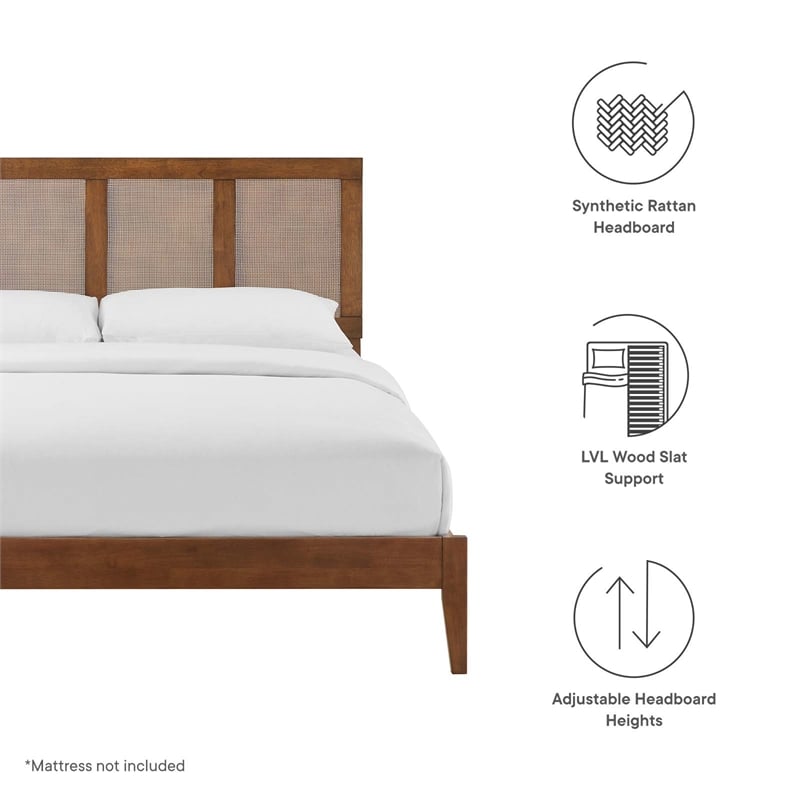 Pemberly Row King Platform Bed with Rattan Headboard in Walnut Finish
