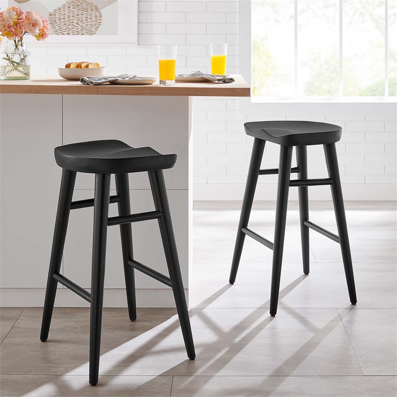 Pemberly Row Set of 2 Backless Mango Wood Counter Stools in Black