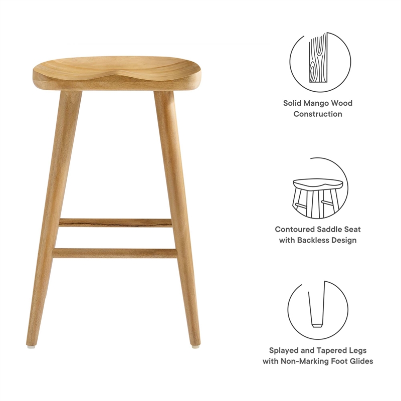 Pemberly Row Set of 2 Backless Mango Wood Counter Stools in Oak