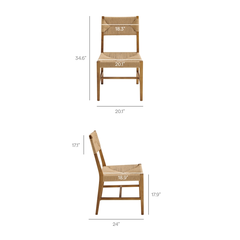 Pemberly Row Elm Wood Dining Side Chair Set of 2 with Paper Rope Seat