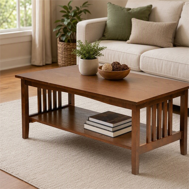 Pemberly Row Mission Style Coffee Table in Ash Brown Wood