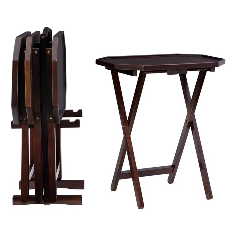 Pemberly Row 5-Piece Folding Tray Table Set with Wooden Octagonal Tops
