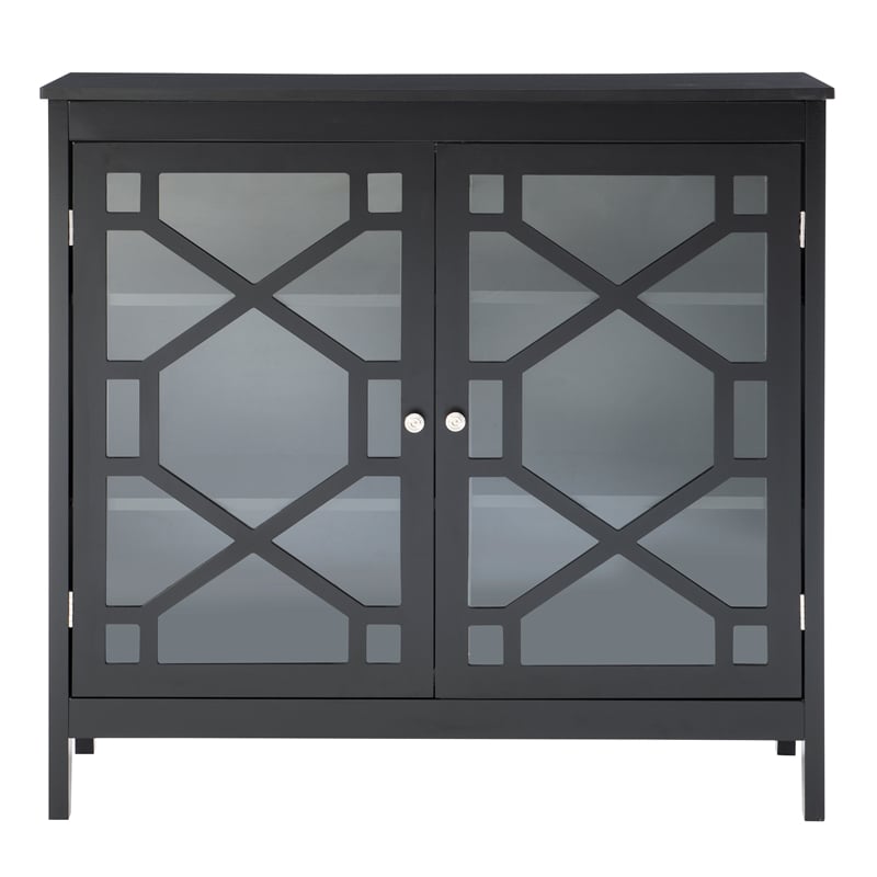 Pemberly Row Large Cabinet with Glass Doors and 3 Shelves in Black