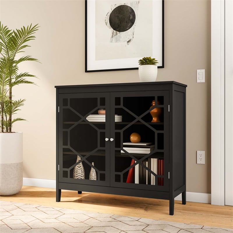 Pemberly Row Large Cabinet with Glass Doors and 3 Shelves in Black