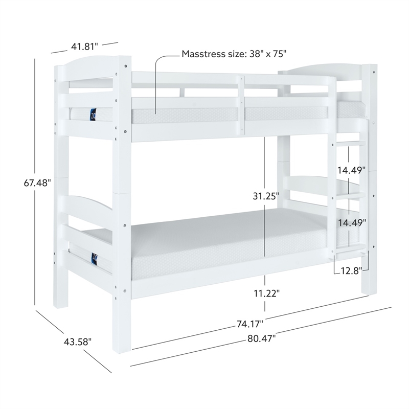 Pemberly Row Twin Over Twin Wood Bunk Bed in White Finish