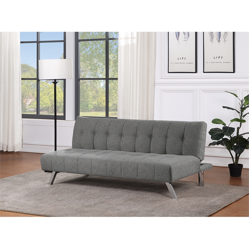 Pemberly Row Tufted Futon with Stainless Steel Legs in Gray Fabric