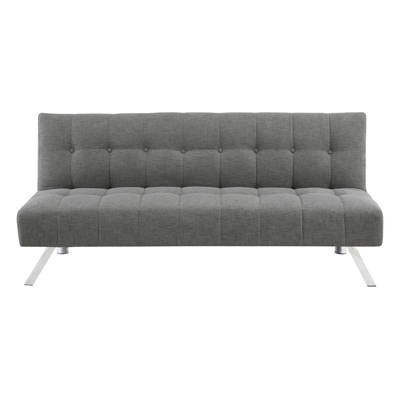 Pemberly Row Tufted Futon with Stainless Steel Legs in Gray Fabric