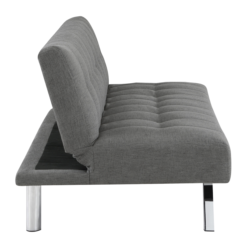 Pemberly Row Tufted Futon with Stainless Steel Legs in Gray Fabric