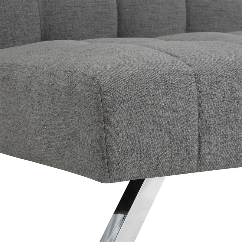 Pemberly Row Tufted Futon with Stainless Steel Legs in Gray Fabric
