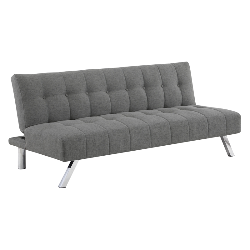 Pemberly Row Tufted Futon with Stainless Steel Legs in Gray Fabric