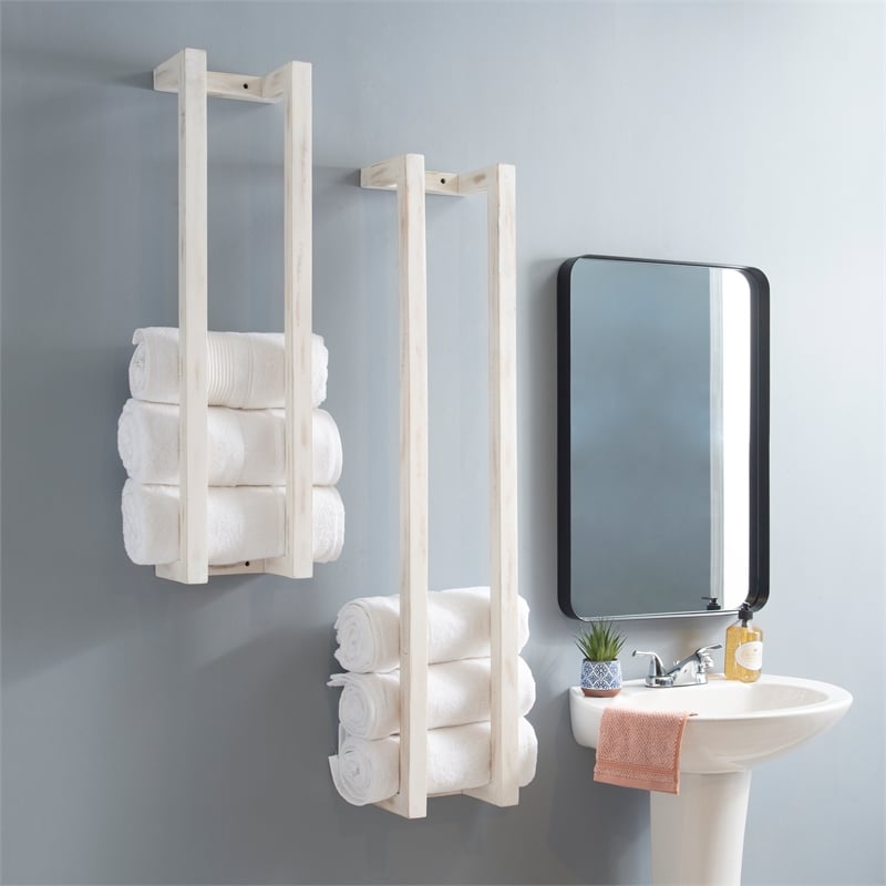 Pemberly Row Mango Wood Towel Rack Set in Rustic White Finish