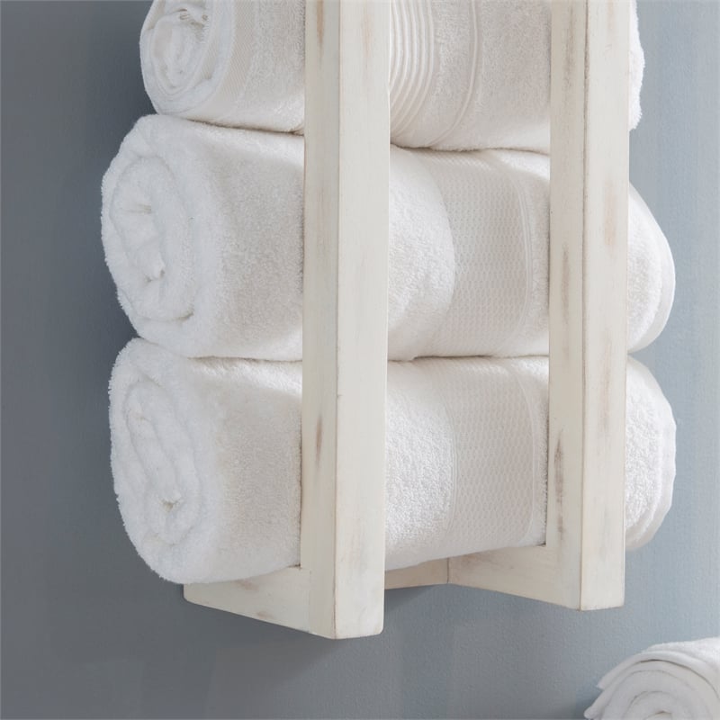 Pemberly Row Mango Wood Towel Rack Set in Rustic White Finish