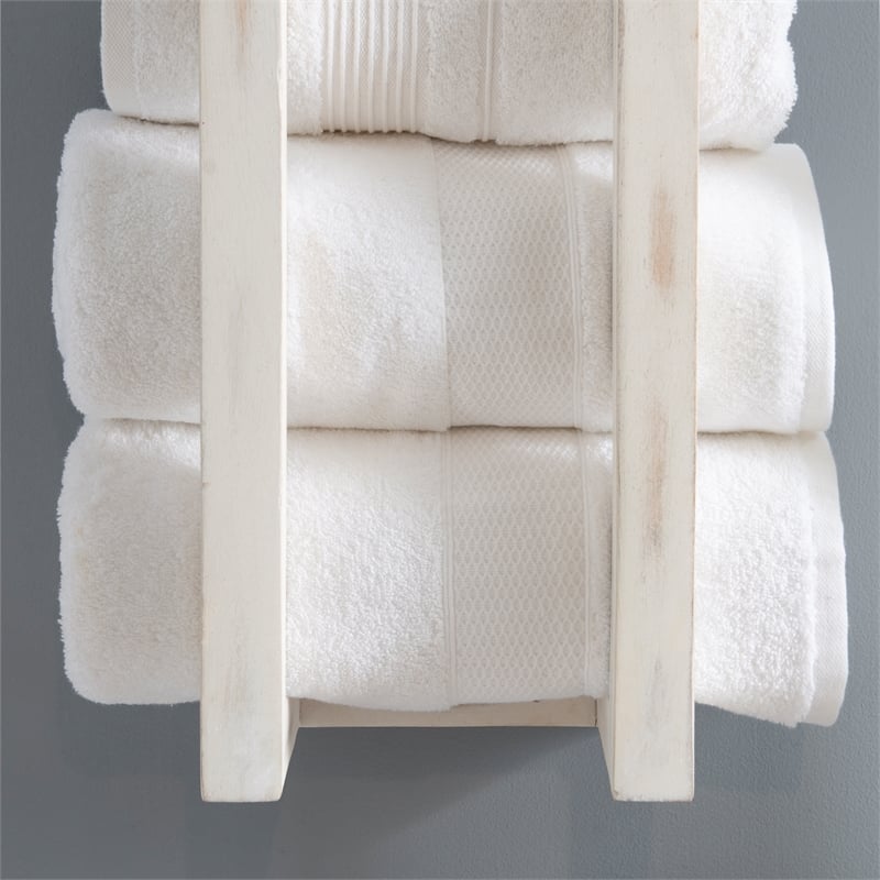 Pemberly Row Mango Wood Towel Rack Set in Rustic White Finish