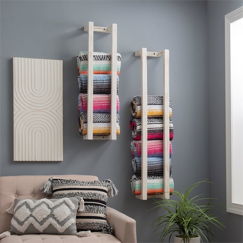 Pemberly Row Mango Wood Towel Rack Set in Rustic White Finish