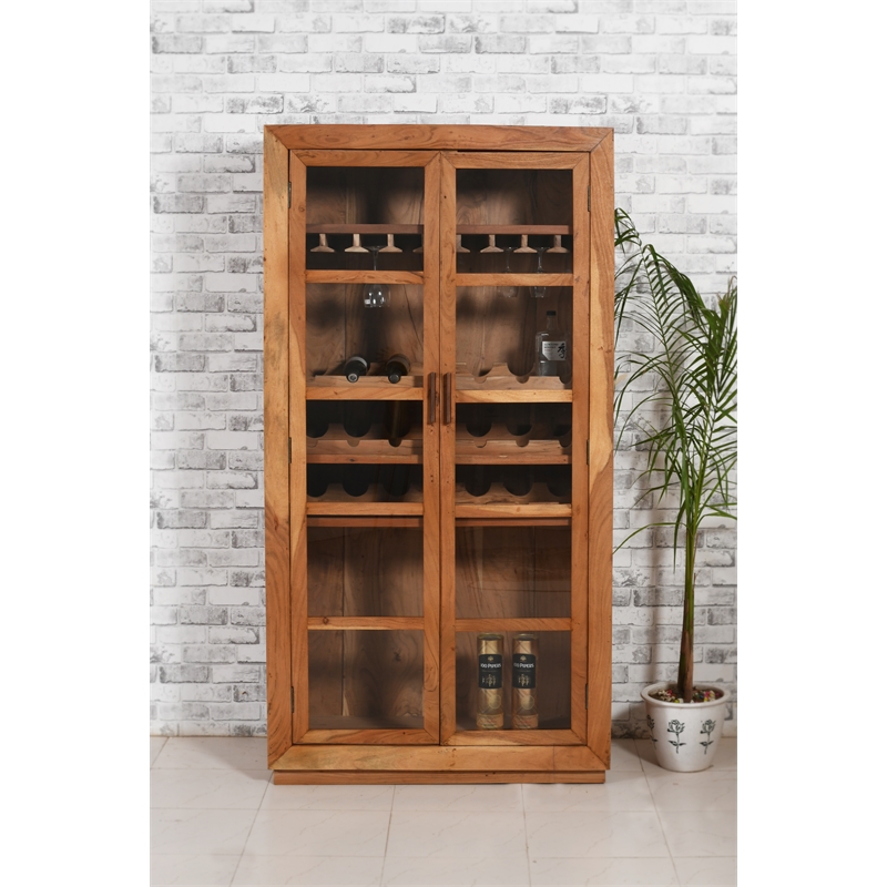 Pemberly Row Tall Mango Wood Wine Cabinet with Natural Finish